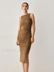 Diamante Ruched Mesh Trendy Slit Midi Dress Brown / S Dresses