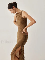 Diamante Ruched Mesh Trendy Slit Midi Dress Dresses