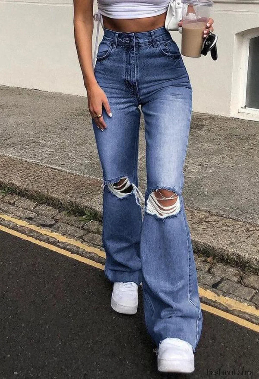 Distressed High Waist Ripped Jeans Blue / S Jeans