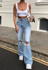 Distressed High Waist Ripped Jeans LightBlue / M Jeans