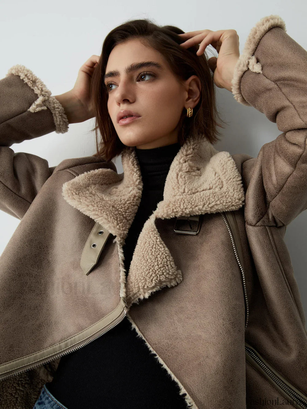 Distressed Leather Graceful Fleece Aviator Jacket Fleece Jackets