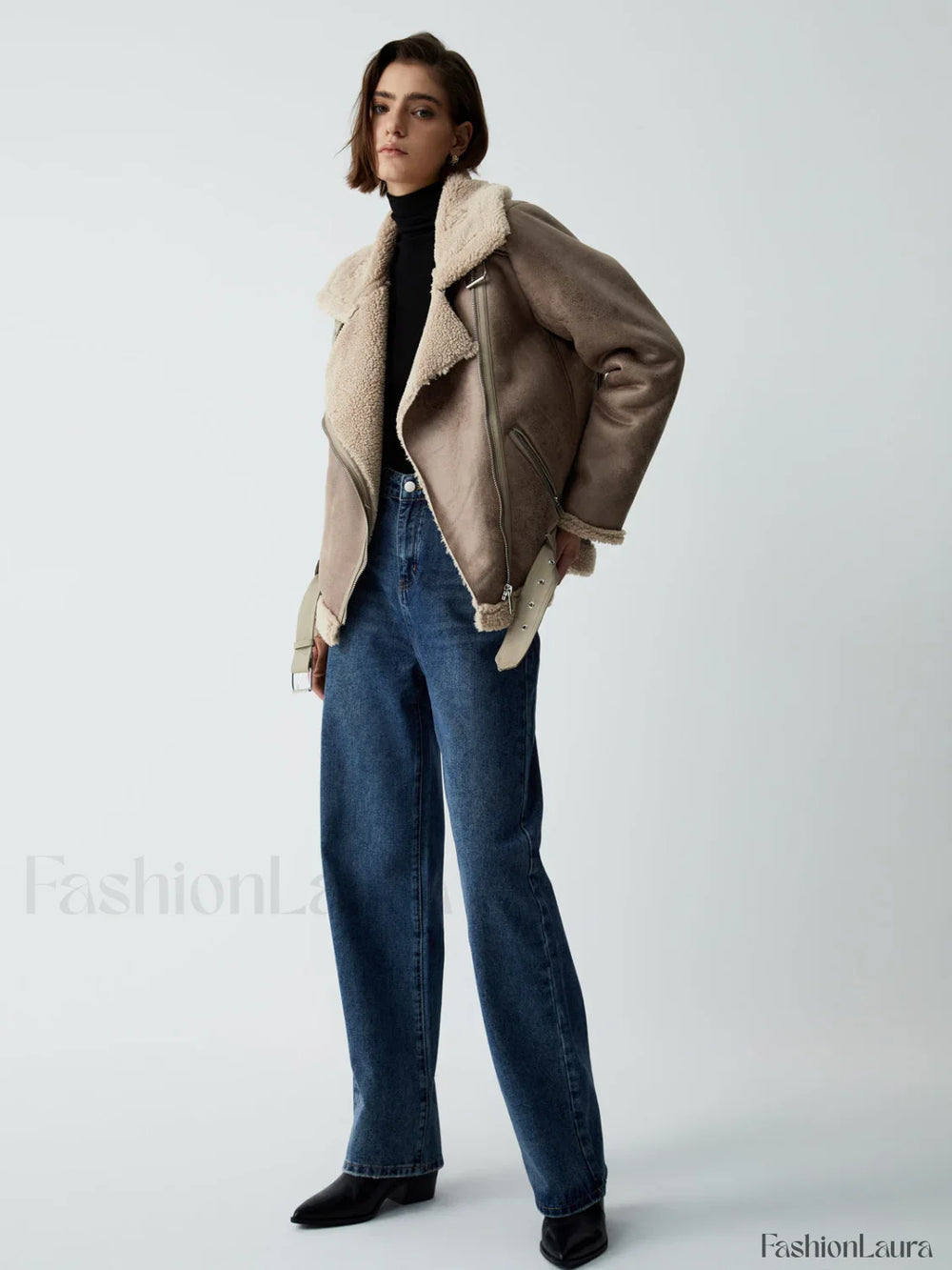 Distressed Leather Graceful Fleece Aviator Jacket Fleece Jackets