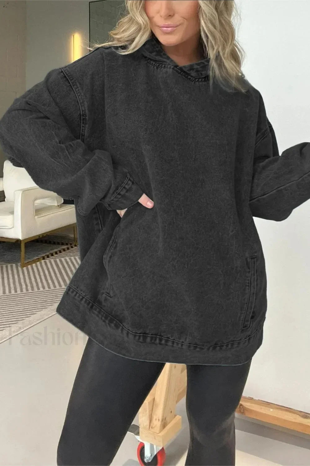 Distressed Washed Denim Hoodie Black / S