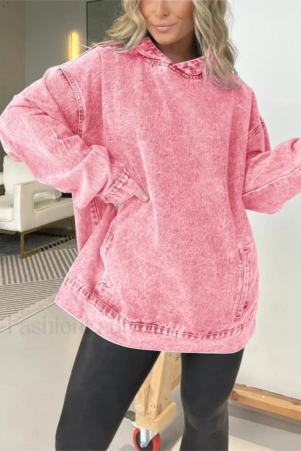 Distressed Washed Denim Hoodie Pink / S