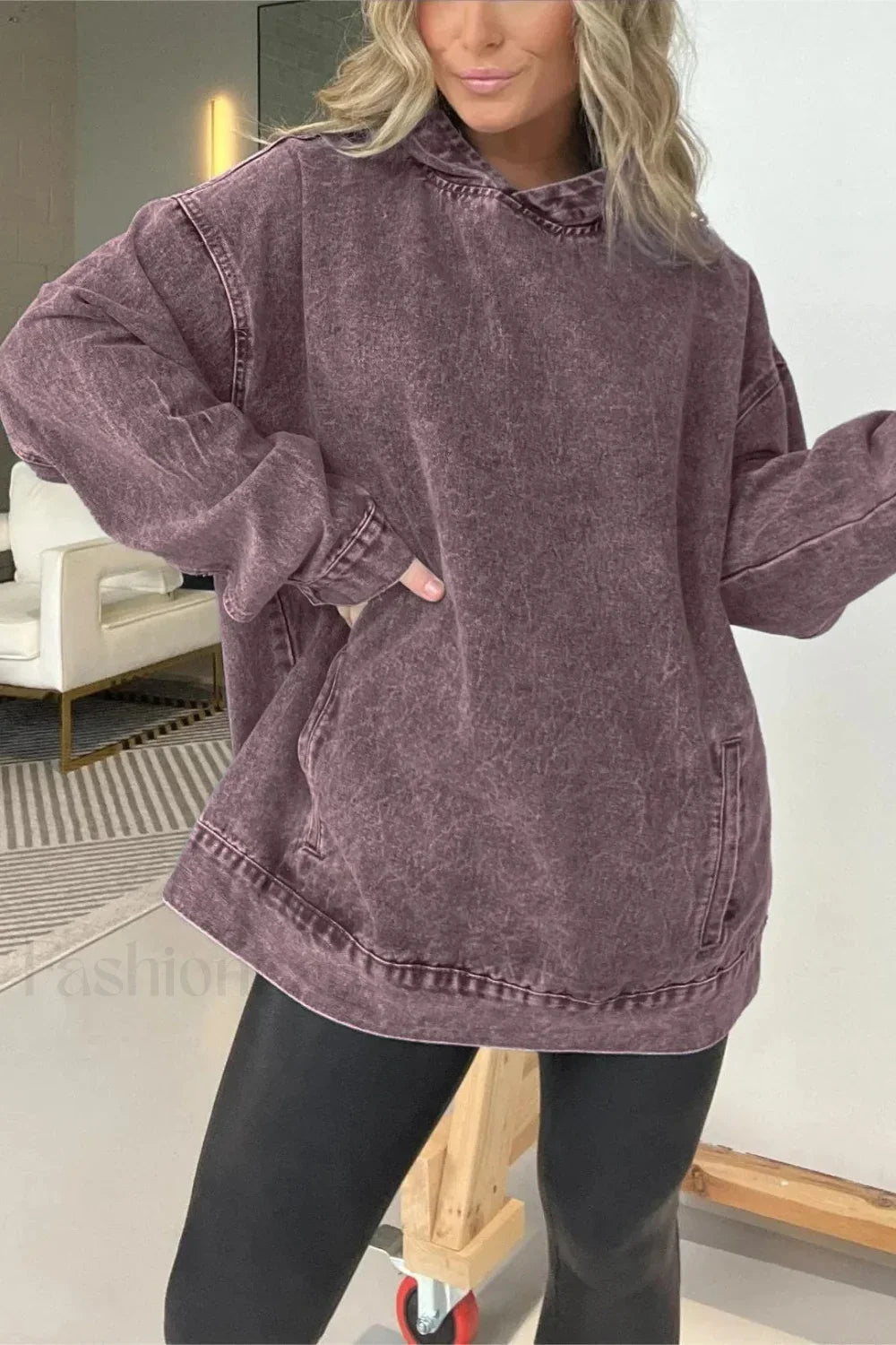 Distressed Washed Denim Hoodie Purple / S