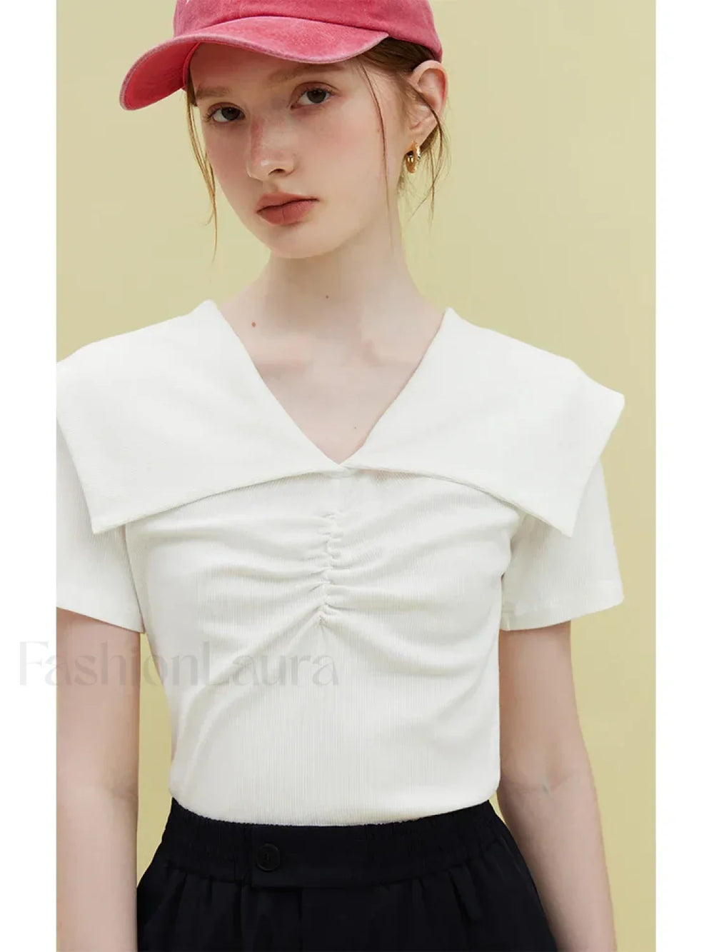 Doll Collar Slim Knitted Casual T Shirt WHITE / S