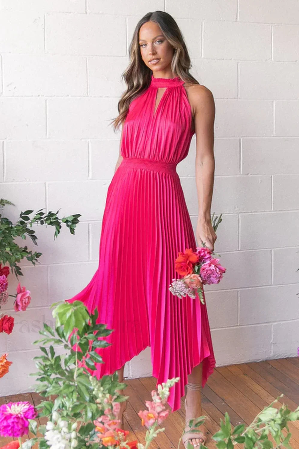 Dominique Elegant Midi Dress M / Hot Pink