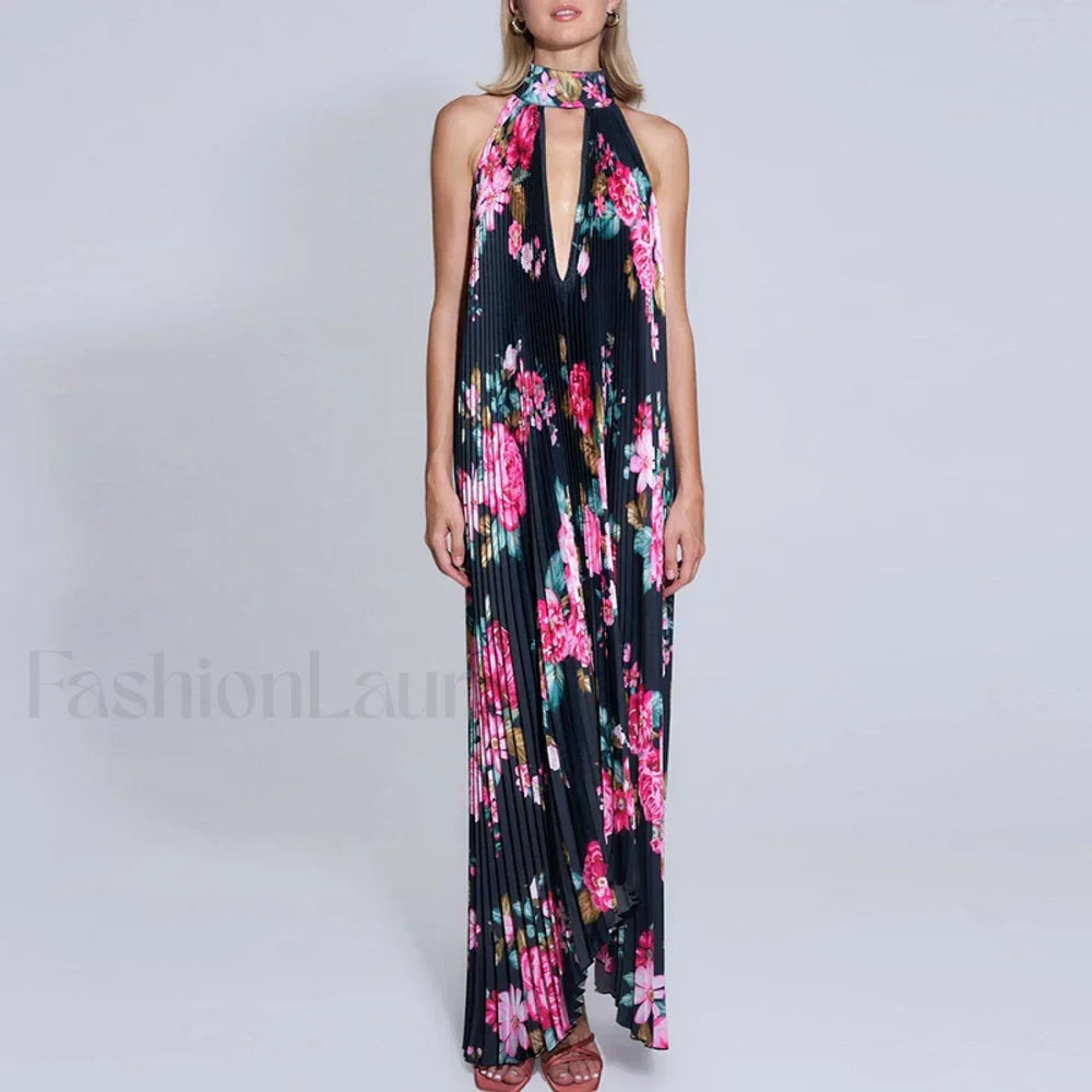Draped Ethnic Hem Printed Maxi Dress black / S