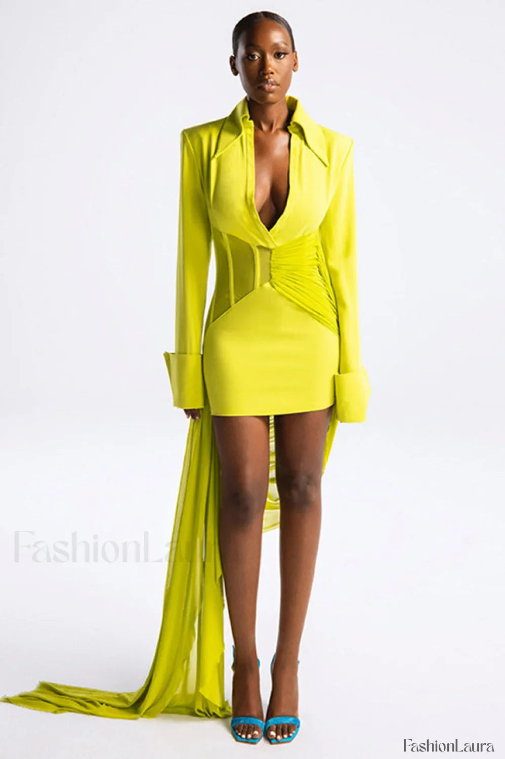 Draped Mesh Stylish Corset Mini Dress S / Neon Yellow