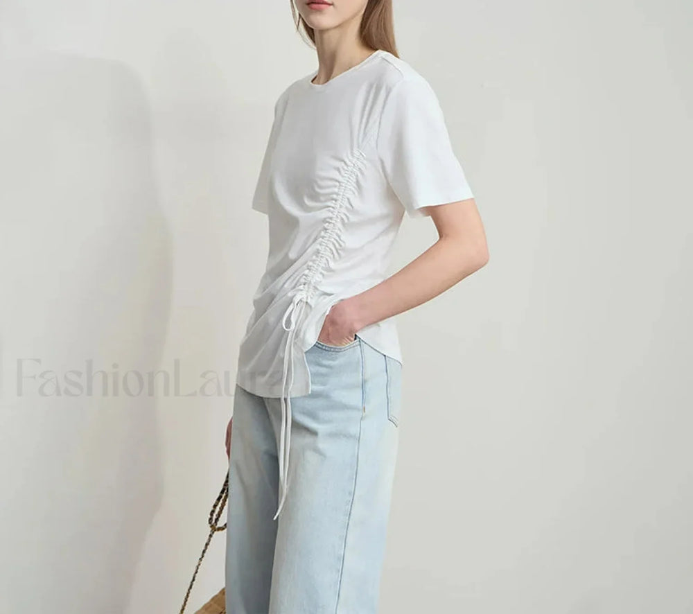 Drawstring Casual Fit T Shirt Beige / S