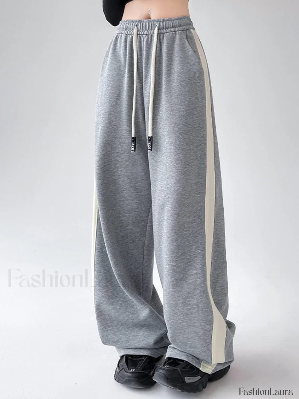 Drawstring Contrast Trim Trendy Wide Leg Sweatpants Light Grey / XS Sweatpants