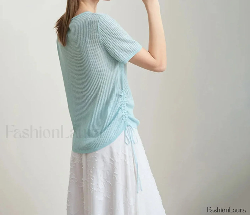 Drawstring Round Neck T Shirt Sky Blue / S