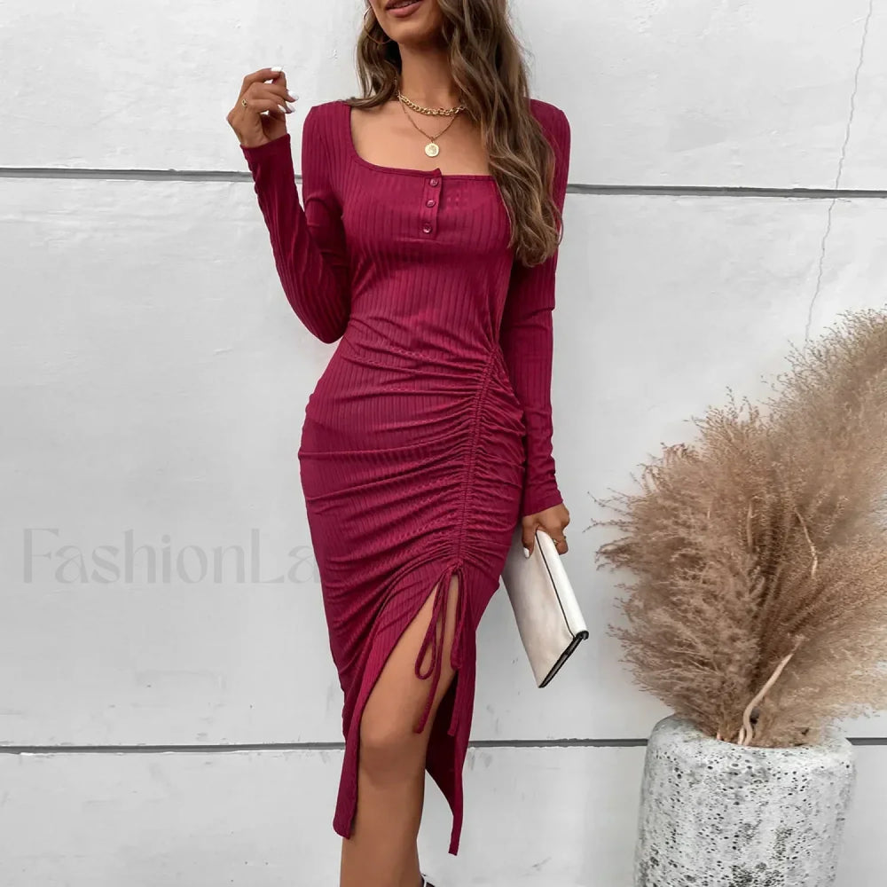 Drawstring Split Elegant High Waist Skinny A Line Midi Dress Burgundy / S