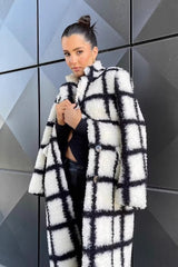 Black White Plaid Plush Lapel Overcoat