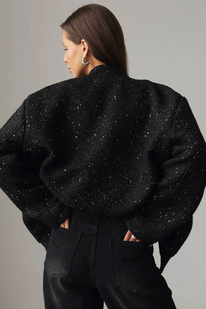 Sequin Stand Collar Pocket Jacket