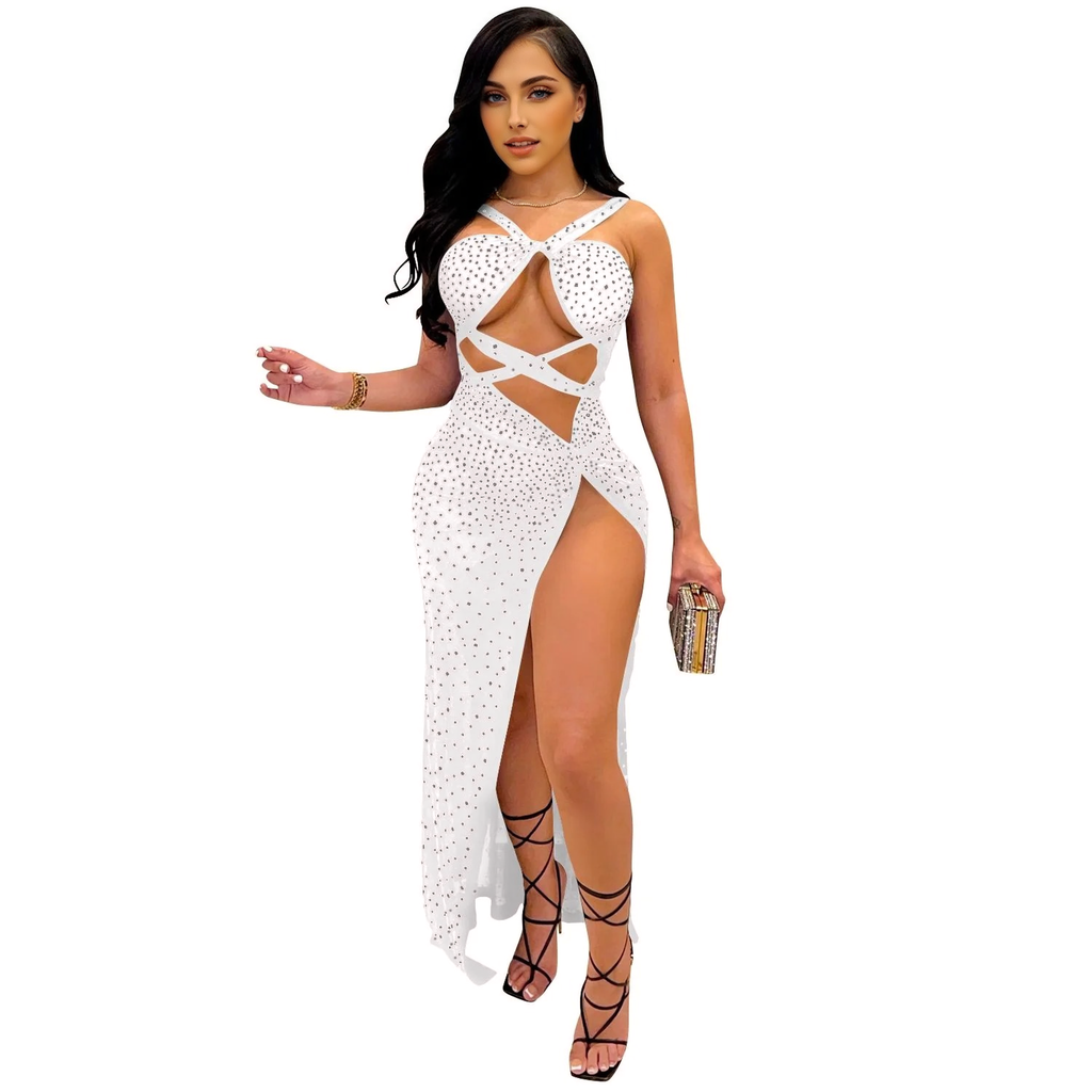 Julia Fashion - Glitter Halter Cut Out Long Dresses