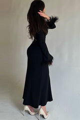 Feather Trim Bodycon Maxi Dress