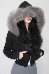 Fur Trim Hooded Zip Waist Jacket S / Black