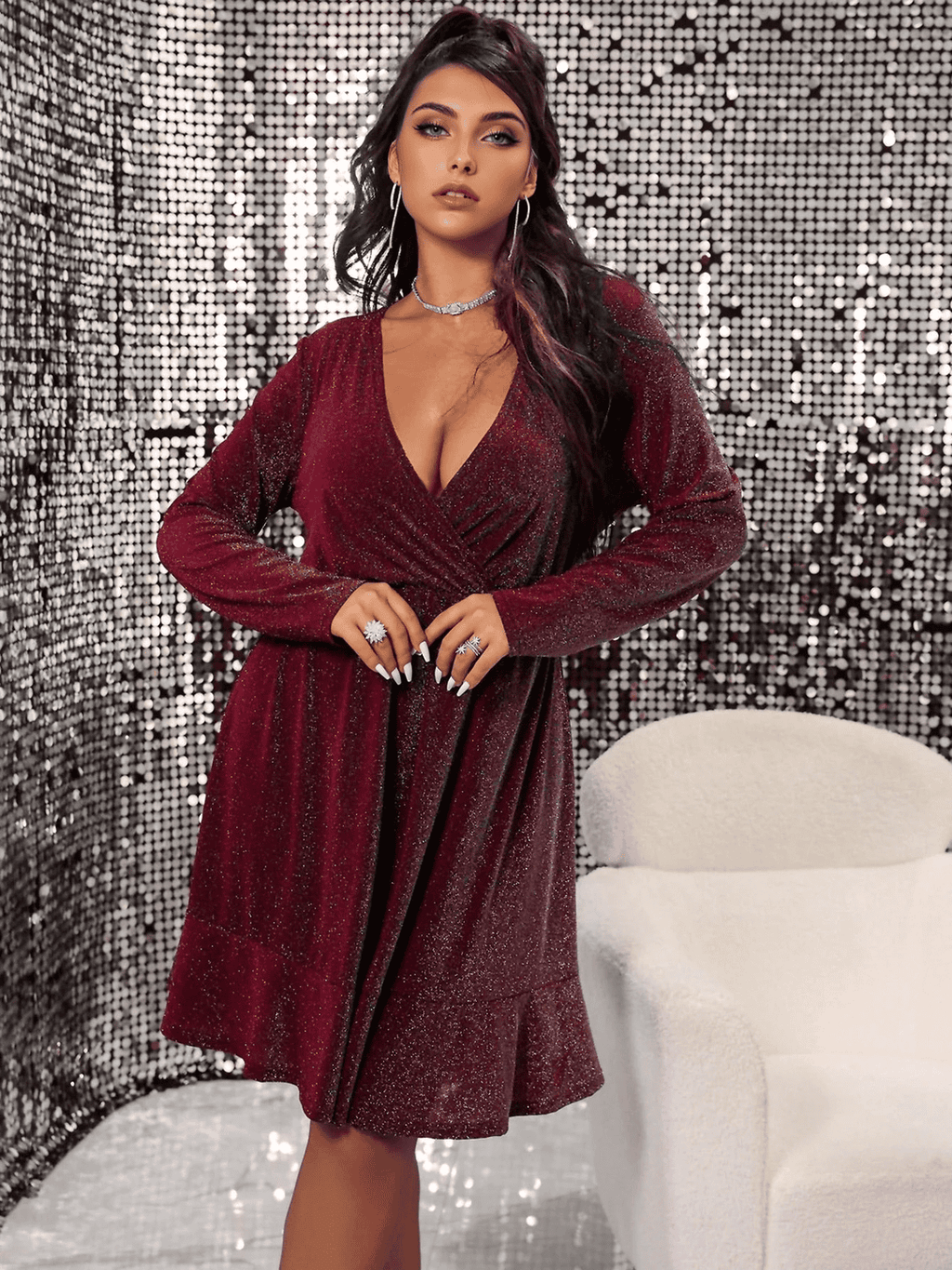 JuliaFashion - Sexy Curve V-Neck Long Sleeve Evening Party Dress