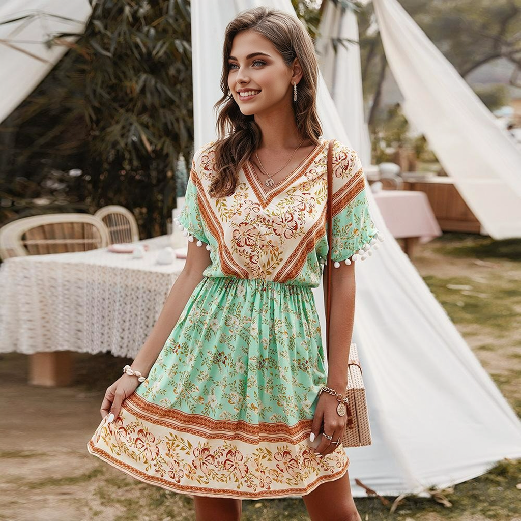 JuliaFashion - Short Sleeve Geometric Print Boho Dress