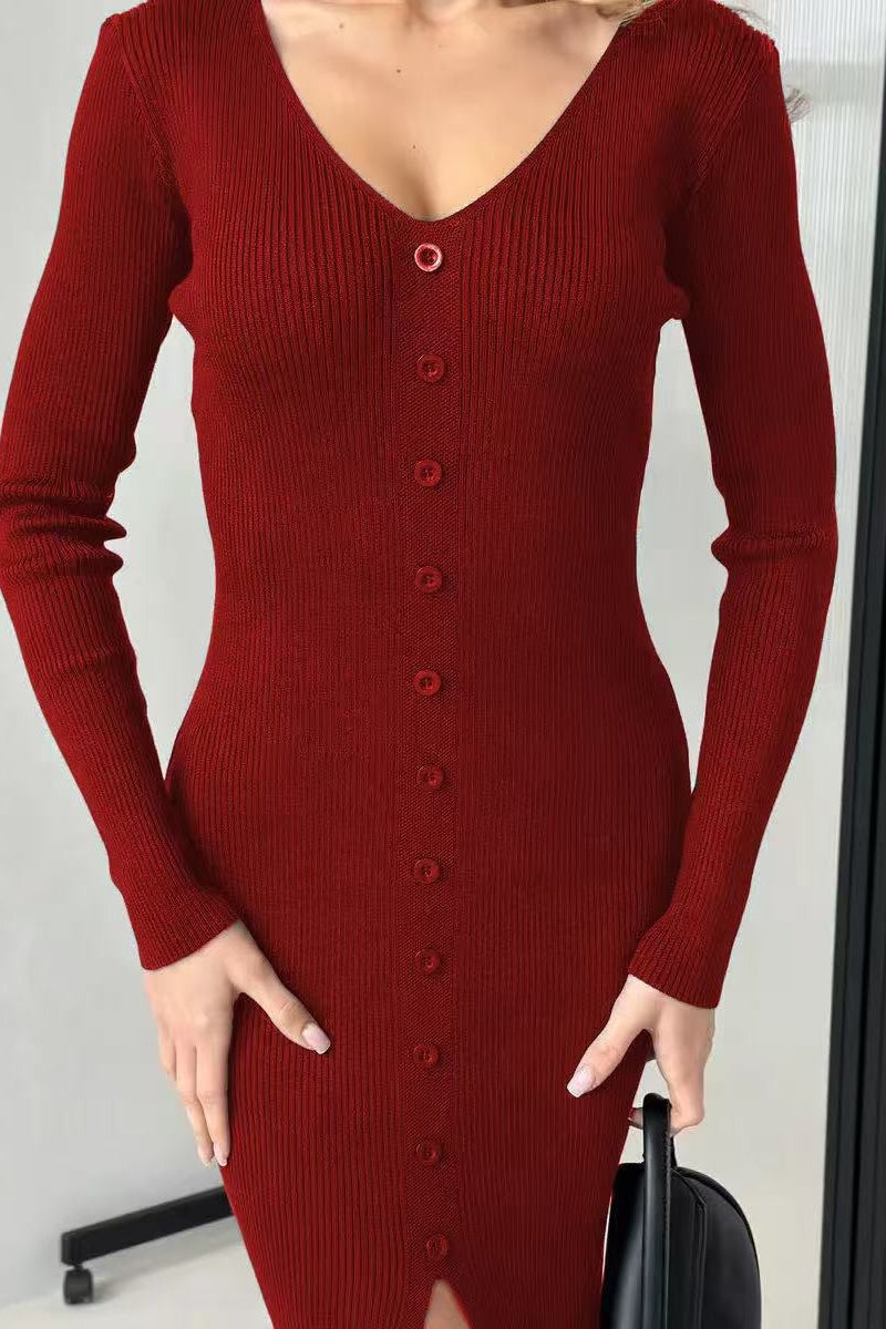 V-Neck Bodycon Knit Sweater Dress S / Red