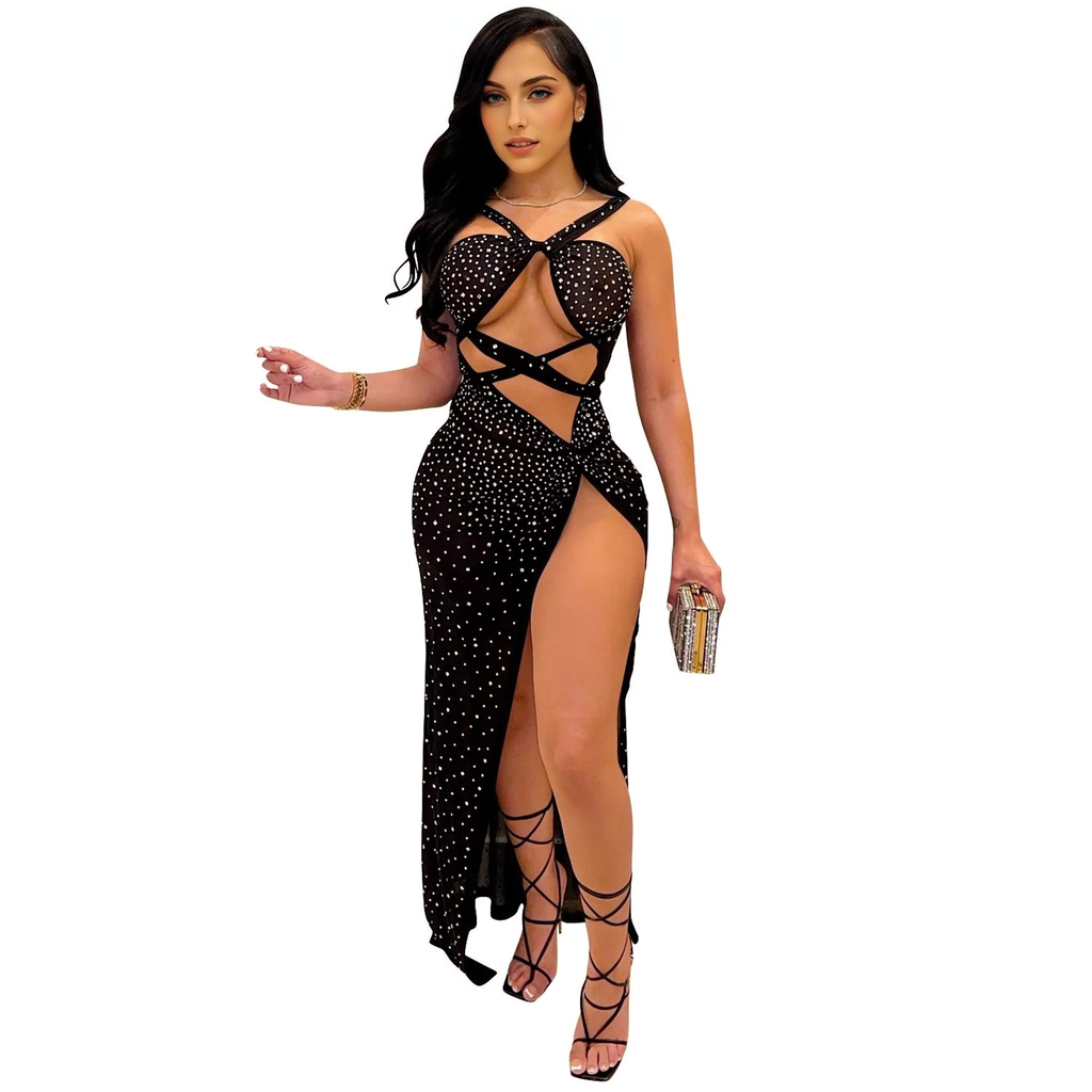 Julia Fashion - Glitter Halter Cut Out Long Dresses