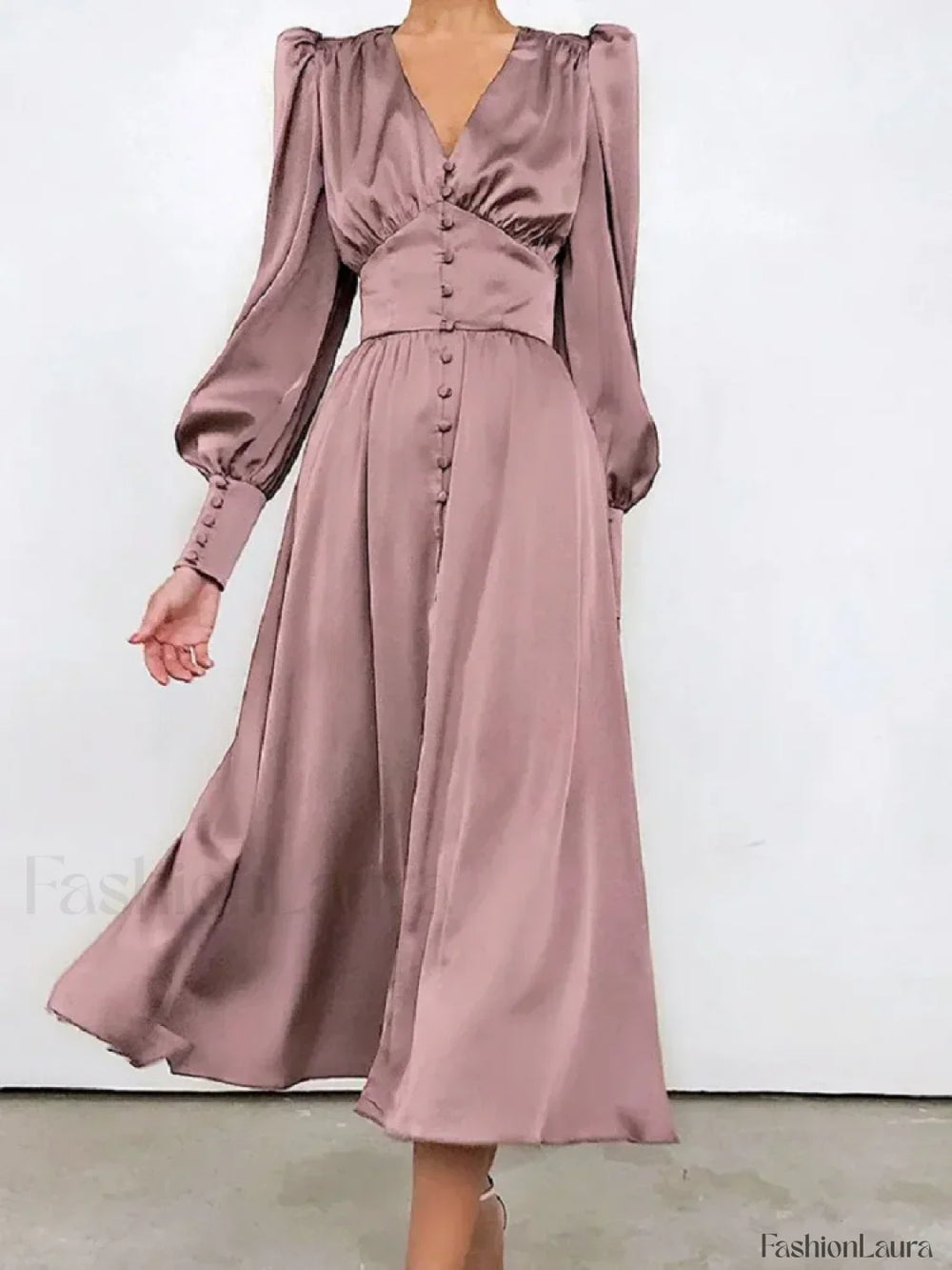 Elegant and fashionable Women’s Fall V neck Satin Full Button Skinny Vintage Split Maxi Dress