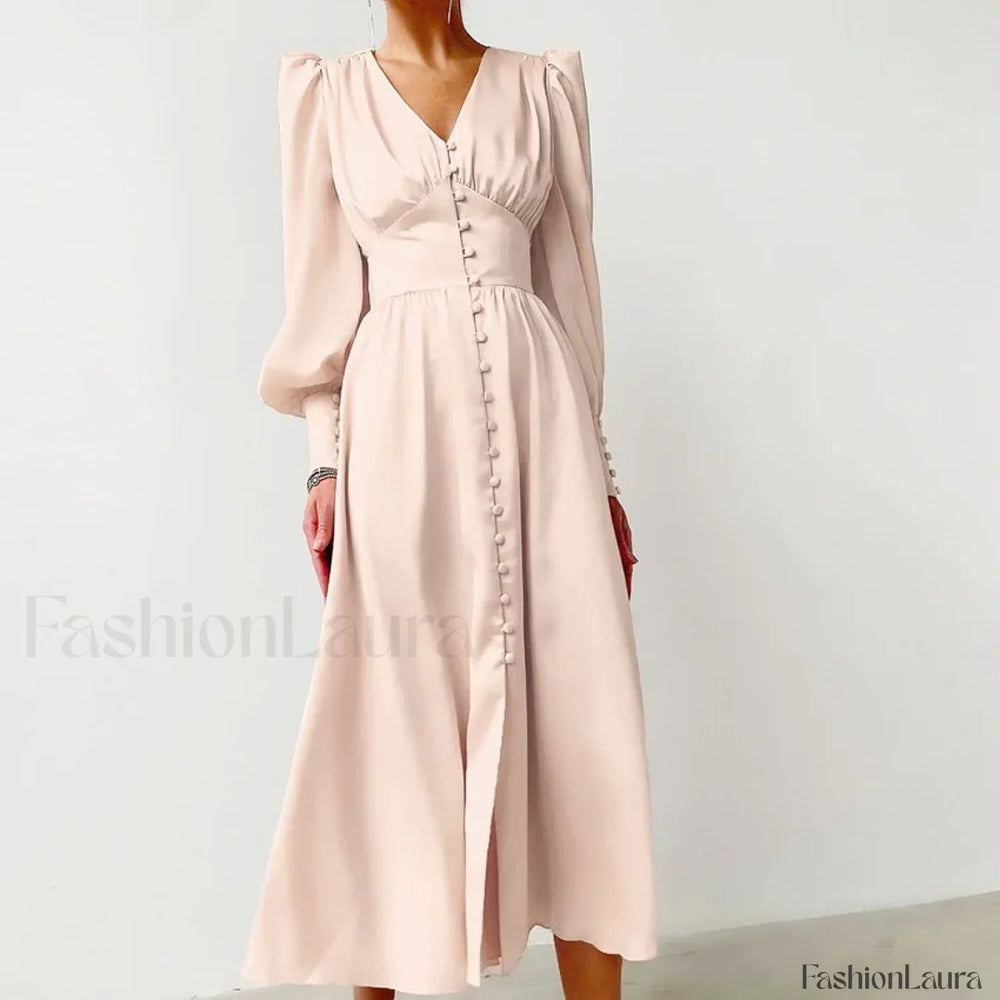 Elegant and fashionable Women’s Fall V neck Satin Full Button Skinny Vintage Split Maxi Dress Beige / XS