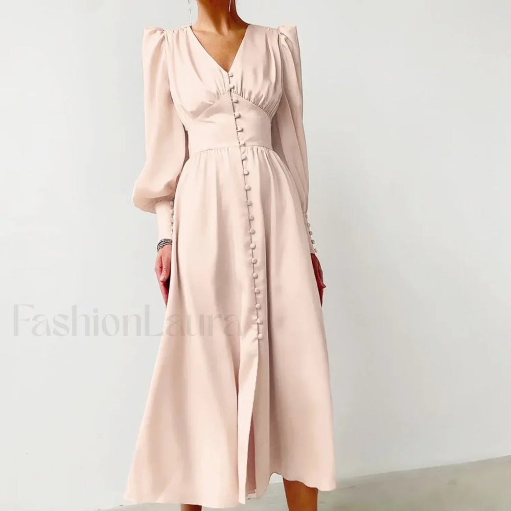 Elegant and fashionable Women’s Fall V neck Satin Full Button Skinny Vintage Split Maxi Dress Beige / XS