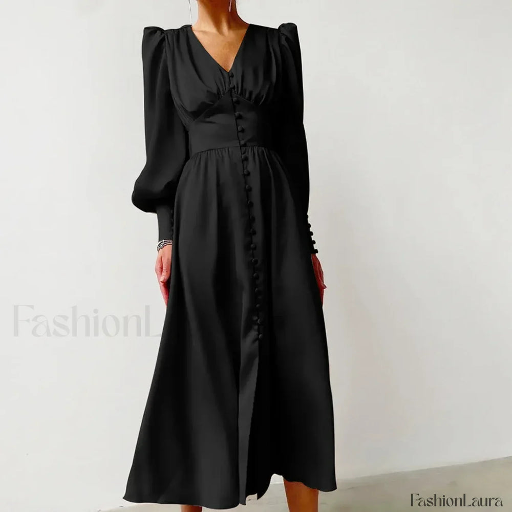 Elegant and fashionable Women’s Fall V neck Satin Full Button Skinny Vintage Split Maxi Dress Black / XS
