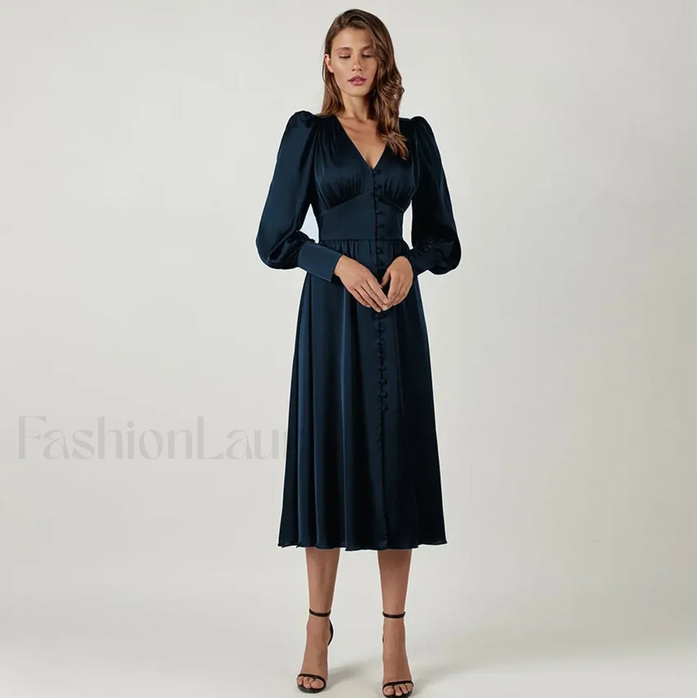 Elegant and fashionable Women’s Fall V neck Satin Full Button Skinny Vintage Split Maxi Dress Dark Blue / XS