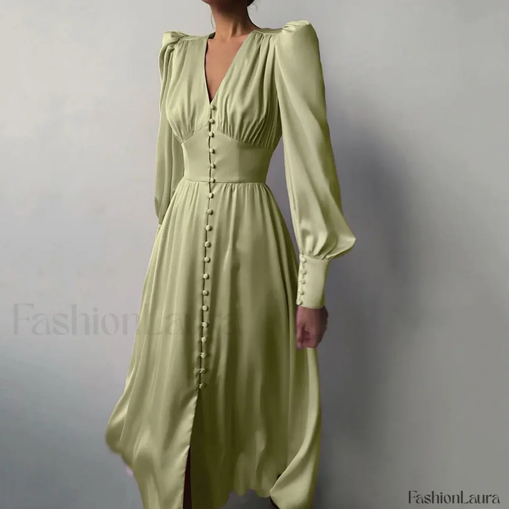Elegant and fashionable Women’s Fall V neck Satin Full Button Skinny Vintage Split Maxi Dress Green / XS