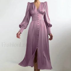Elegant and fashionable Women’s Fall V neck Satin Full Button Skinny Vintage Split Maxi Dress Purple / XS