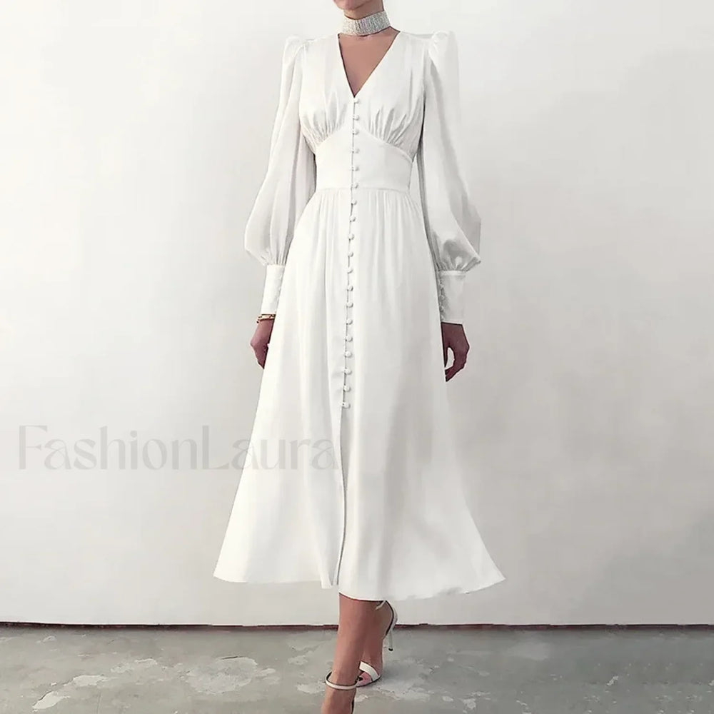 Elegant and fashionable Women’s Fall V neck Satin Full Button Skinny Vintage Split Maxi Dress WHITE / XS