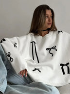 Elegant Bows Printed Round Neck Knitted Pullover Women Casual Long Sleeve Cropped Sweater Sweaters L