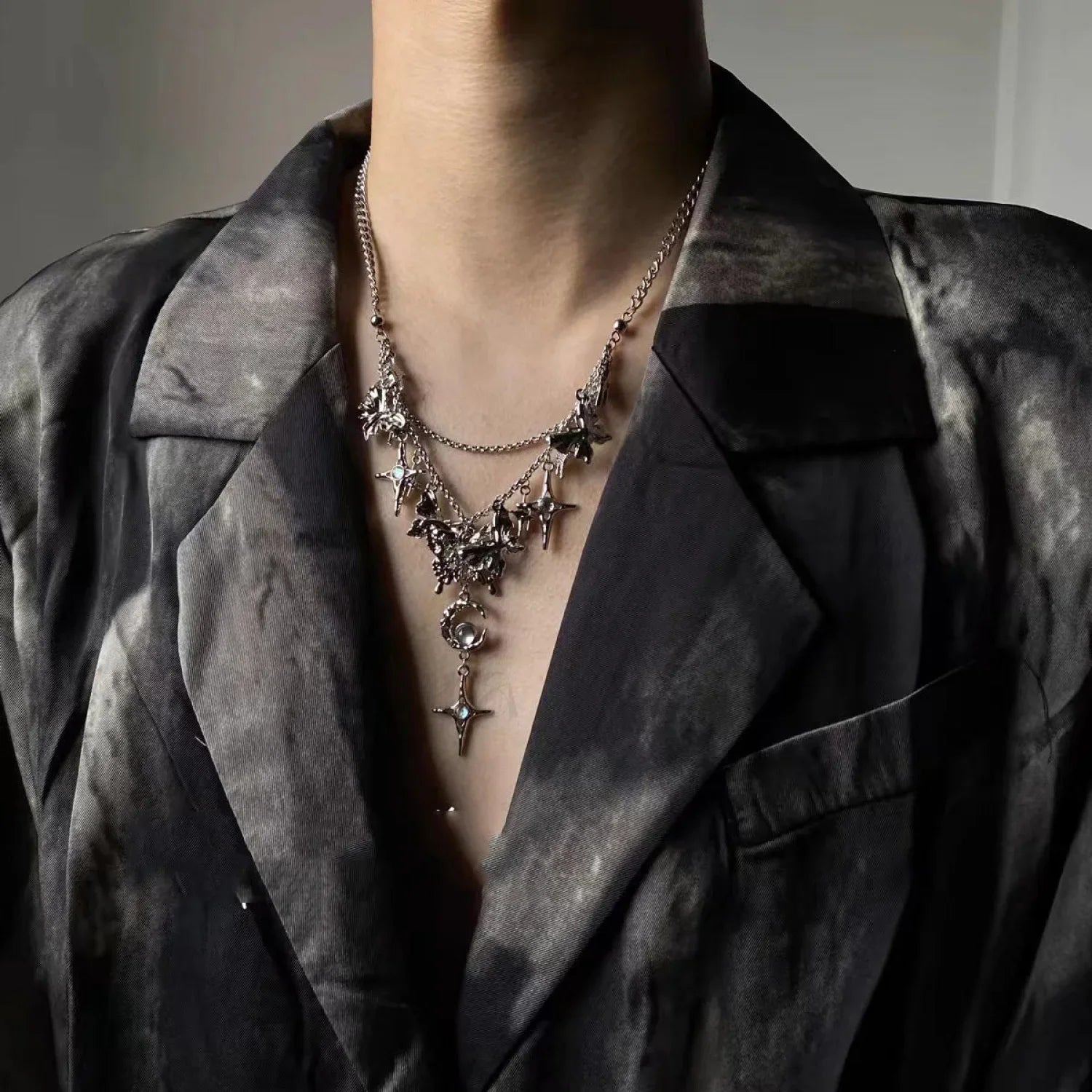 Elegant Dark Diamond Butterfly Star Moon Necklace BLACK