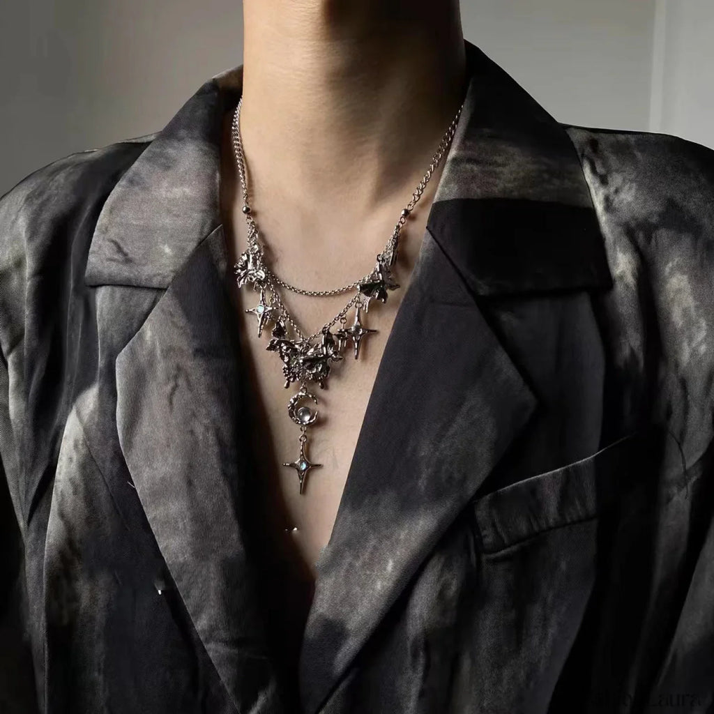 Elegant Dark Diamond Butterfly Star Moon Necklace BLACK
