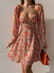 Elegant Dot Floral Prints Spring/Summer Women’s Low Cut Square Neck Full Lantern Sleeve Mini Dress