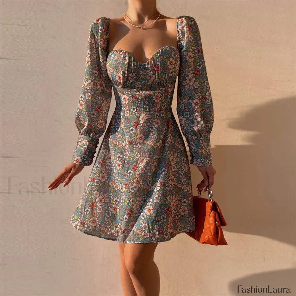 Elegant Dot Floral Prints Spring/Summer Women’s Low Cut Square Neck Full Lantern Sleeve Mini Dress