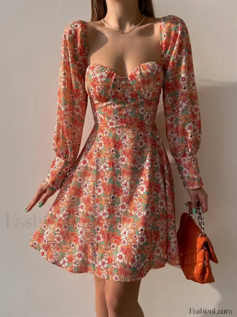 Elegant Dot Floral Prints Spring/Summer Women’s Low Cut Square Neck Full Lantern Sleeve Mini Dress