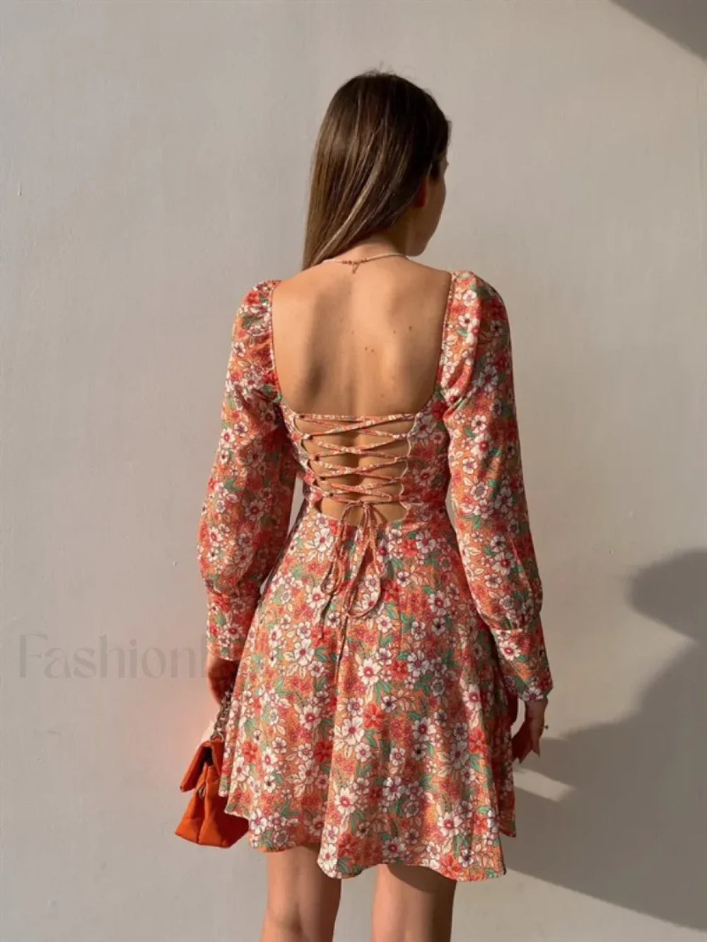 Elegant Dot Floral Prints Spring/Summer Women’s Low Cut Square Neck Full Lantern Sleeve Mini Dress