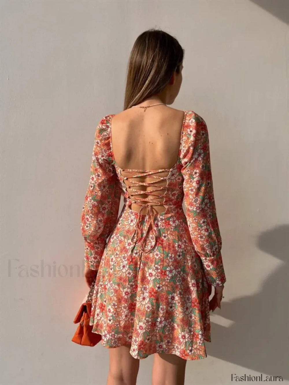 Elegant Dot Floral Prints Spring/Summer Women’s Low Cut Square Neck Full Lantern Sleeve Mini Dress