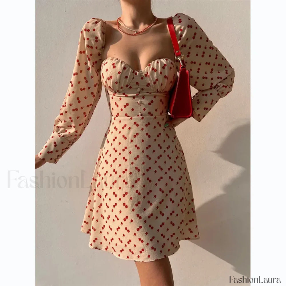 Elegant Dot Floral Prints Spring/Summer Women’s Low Cut Square Neck Full Lantern Sleeve Mini Dress Beige / S