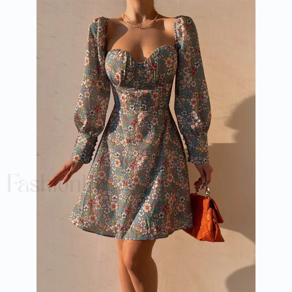 Elegant Dot Floral Prints Spring/Summer Women’s Low Cut Square Neck Full Lantern Sleeve Mini Dress Blue / S