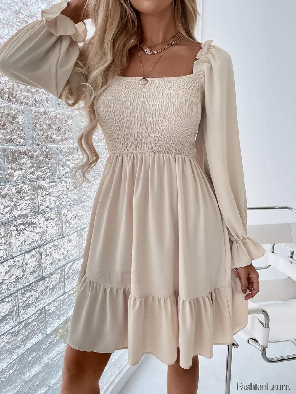 Elegant Fashion Solid Square Collar Ruffle Backless Midi Dress APRICOT / S