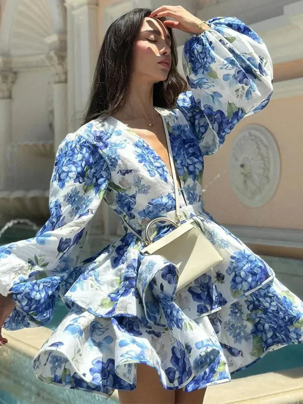 Elegant Floral Print Mini Dress Puff Sleeved Beach Floral Dress