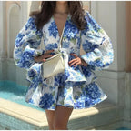 Elegant Floral Print Mini Dress Puff Sleeved Beach Floral Dress
