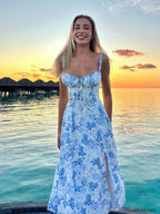 Elegant Floral Print Spaghetti Strap A Line Floral Dress blue / S (no corset)