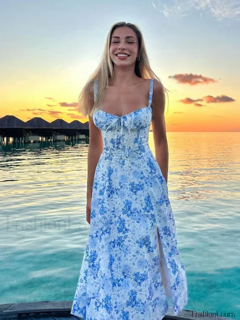 Elegant Floral Print Spaghetti Strap A Line Floral Dress blue / S (no corset)