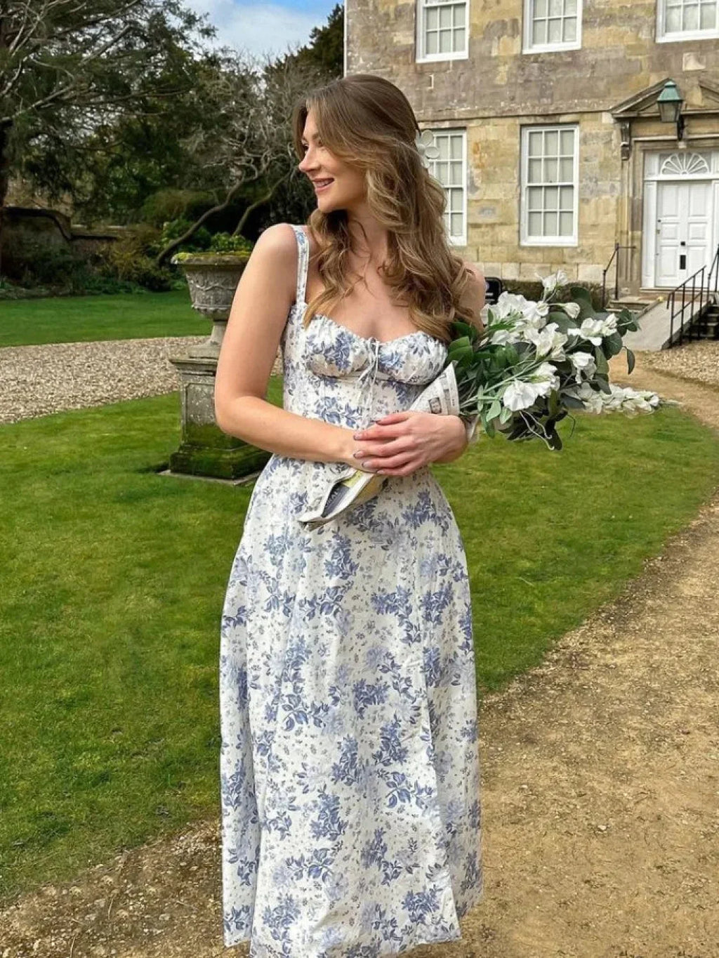 Elegant Floral Print Spaghetti Strap A Line Floral Dress white / S (no corset)